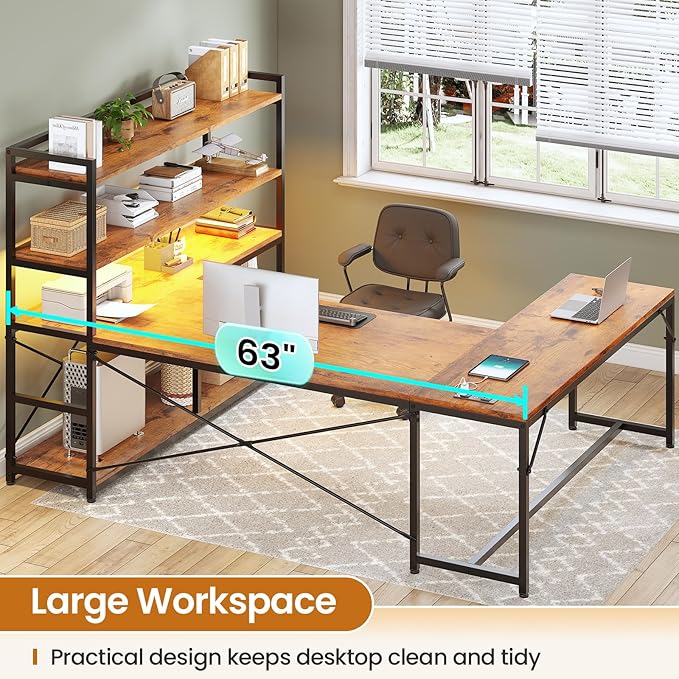 SEDETA L Shaped Desk with Storage Shelves, 63” Reversible U Shaped Office Desk, Gaming Desk with Power Outlet and LED Lights for Home Office, Rustic Brown