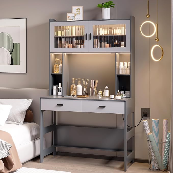 Vlsrka Home Office Desk with Hutch and LED Lights, 40 Inch Modern Study Desk with Power Outlet and Charging Station, Wooden Computer Desk with Storage Drawers & Shelves (Grey)