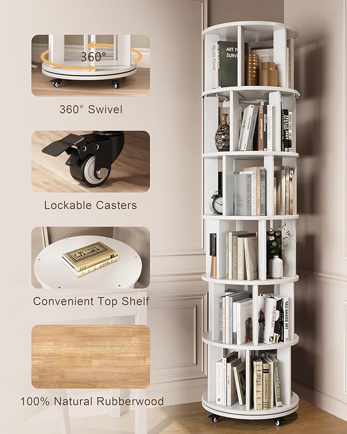 IUNVR Rotating Bookshelf, 6 Tier Solid Wood Bookshelf Tower with Lockable Wheels, 360° Spinning Revolving Bookcase for Small Spaces, Corners, Bedroom, Kids Room, Home Office, White