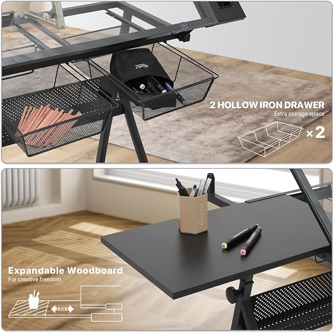 Athena Collection Drafting Table for Artists, Height Adjustable Drawing Table, Dual Desktop Art Desk Metal Frame Art Table Tiltable Craft Desk Paintings Work Station with Stool and Drawers, Black