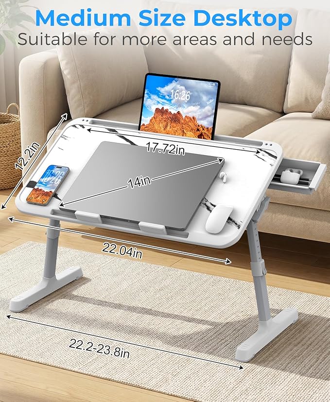 HETTHI Laptop Bed Tray Table, Adjustable Sturdy Laptop Stand for Bed with Premium Materials, Folding Portable Lap Desk with Drawer for Writing Working Reading Eating Couch Floor (Marble, 22.04"×12.2")