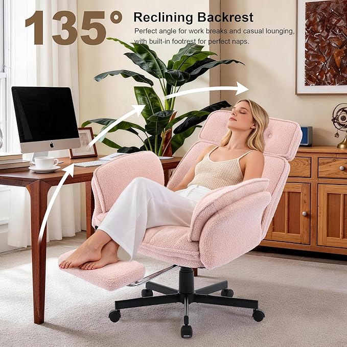 Criss Cross Chair with Wheels, Extra Wide Cross Legged Office Chair with Flip-Up Armrests & Footrest, Ergonomic Teddy Fleece Swivel Desk Chair with Adjustable Headrest for Home Office & Vanity Pink