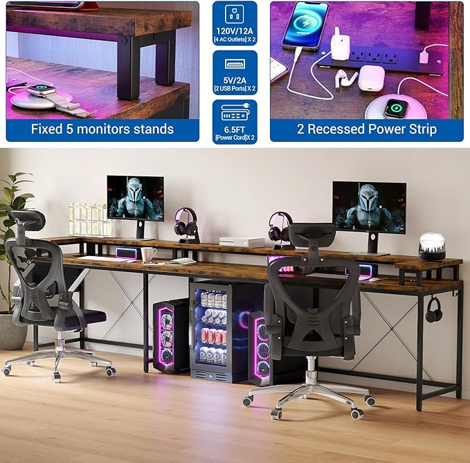 Jojoka U-Shaped Computer Desk with Power Outlets & RGB LED Lights - Reversible l-Shaped Office Desk, Full Monitor Stand, Modern Home Office Workstation, 600lbs Capacity 79",Game Desk, Multiple Colors