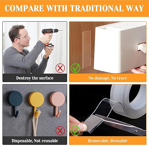 Double Sided Tape Heavy Duty for Wall Decor No Damage to Paint,Clear Removable Mounting Tape,Nano Two Sided Adhesive Tape,Picture Hanging Strips for Posters,Stickers - Bedroom 1Roll(1.58in*6.5FT)