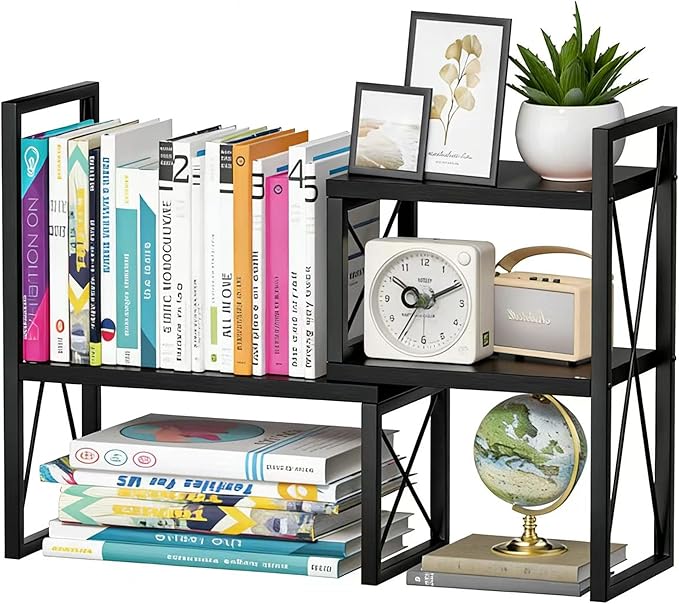 Desktop Shelf Organizer, Small Bookshelf for Office, Wood Shelves, Office Organization and Storage (Black)