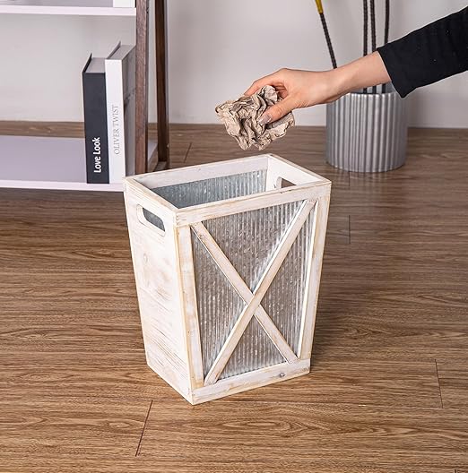 Venalys Small Wood Trash Can Wastebasket, Decorative Barn Door Garbage Can Waste Basket, Rustic Distressed Rectangular Trash Bin, Farmhouse Wooden Storage Basket Waste Paper Bin (Whitewash)