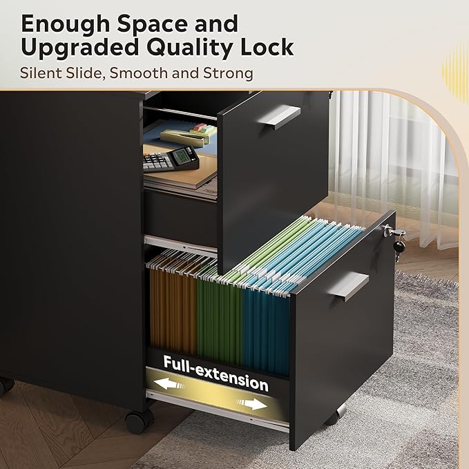 DEVAISE 2 Drawer File Cabinet, Mobile Printer Stand, Wood Filing-Cabinet fits A4 or Letter Size for Home Office, Black
