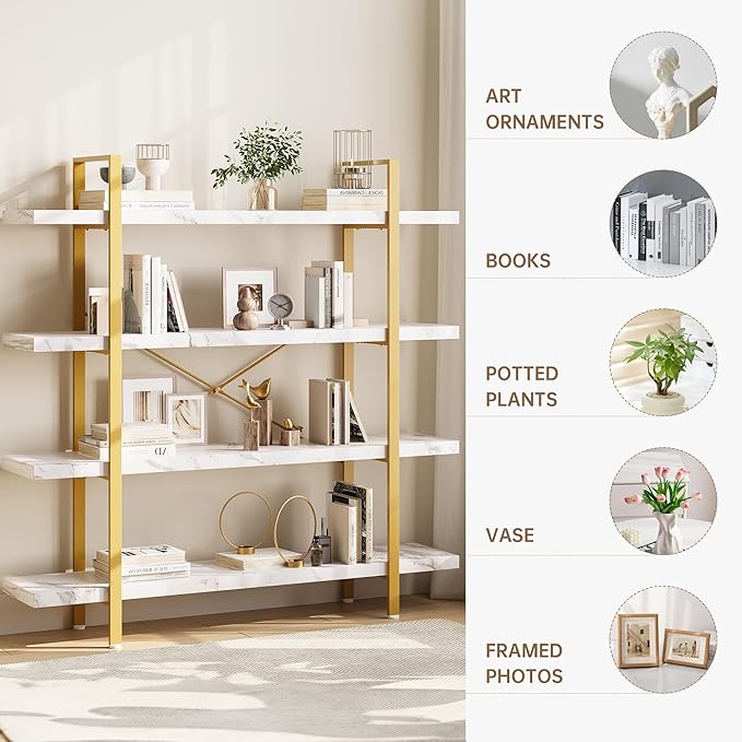 OtterOasis Heavy Duty 4-Tier Industrial Bookcase, 47" Wide Wood Bookshelf for Home Office, 120lbs Shelf Capacity, Shelving Display with Reinforced Horizontal Shelf for Living Room Bedroom,White