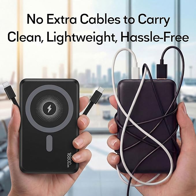 2-Pack 16800mAh Magnetic Power Bank, 22.5W PD & 15W Wireless Fast Charging Portable Charger with Built-in Cables, Foldable Stand for MagSafe Battery Pack, Compatible with iPhone 12-17/Android Series