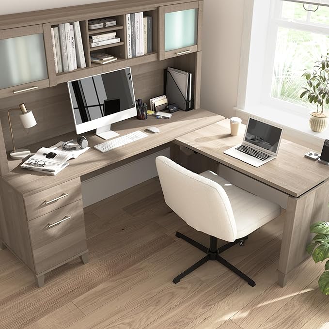 Bush Home Somerset 72W 3 Position Sit to Stand L Shaped Desk with Hutch in Ash Gray | Adjustable Height Table for Home Office