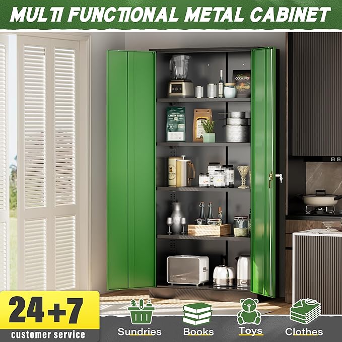 Greenvelly Metal Storage Cabinet, 72" Steel Garage Cabinet with Doors and Adjustable Shelves, Metal Cabinet with Lock,Tall Metal Office Storage Cabinet for Garage,Home Office,School (Black Green)