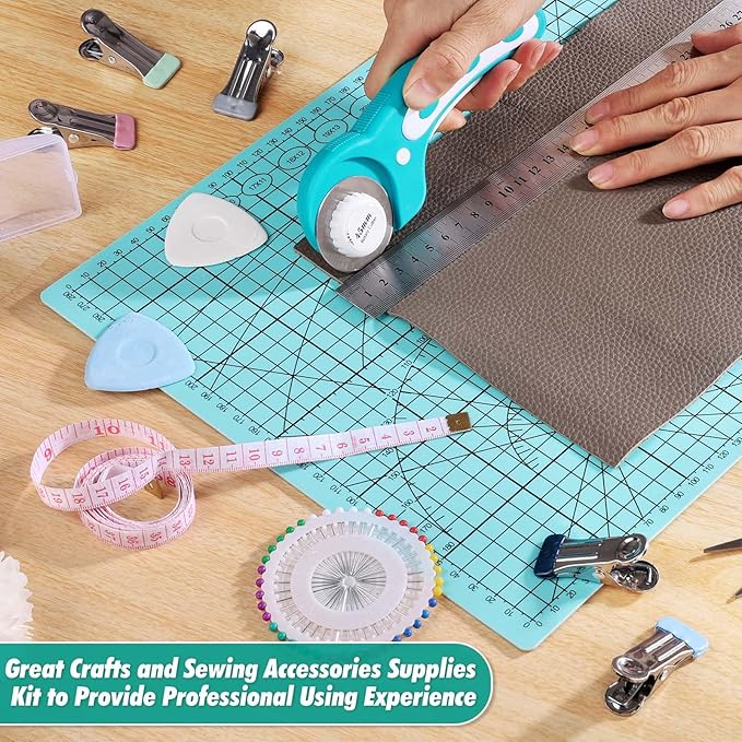 Rotary Cutting Mat and Tools Set, Audab 45mm Fabric Cropping Cutter Wheel with A3 Self Healing Sewing Mat, Blades, Quilting Ruler and Clips, Crafts Knife for Shirt Cloth Patchworking Scrapbooking