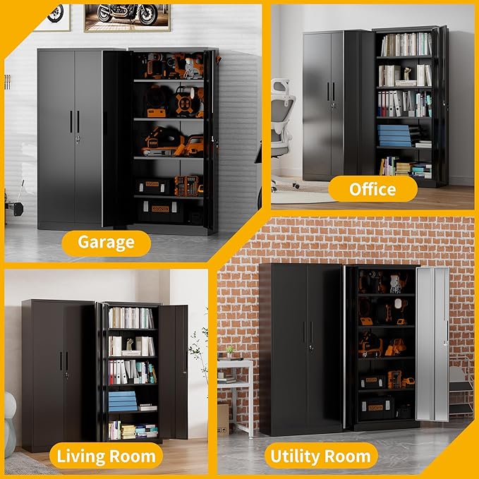 Metal Storage Cabinet with 2 Doors and 4 Adjustable Shelves, 71" Garage Storage Cabinet with Anti-Tipping Design, Lockable Garage Cabinets for Office, Home, Garage, Gym, School