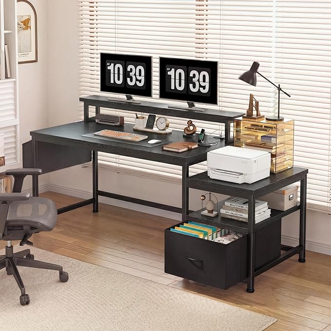 EnHomee 57" Black Computer Desk with File Drawers and Printer Space,Office Desk with Power Outlets and Monitor Stand,Gaming Desk,Study Desk, Writing Desk, Bedroom Desk