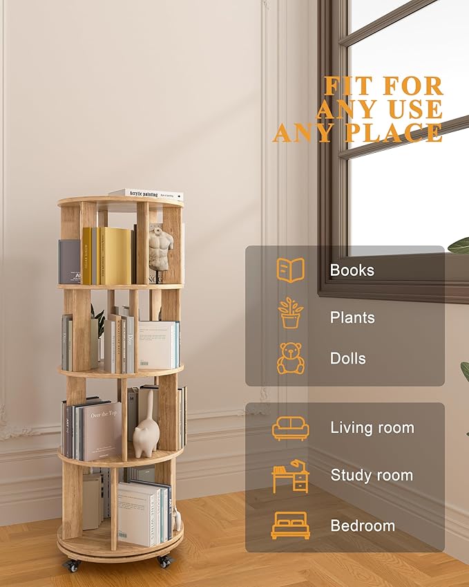 IUNVR Rotating Bookshelf, 4 Tier Solid Wood Bookshelf Tower with Lockable Wheels, 360° Spinning Revolving Bookcase for Small Spaces, Corners, Bedroom, Kids Room, Home Office, Natural