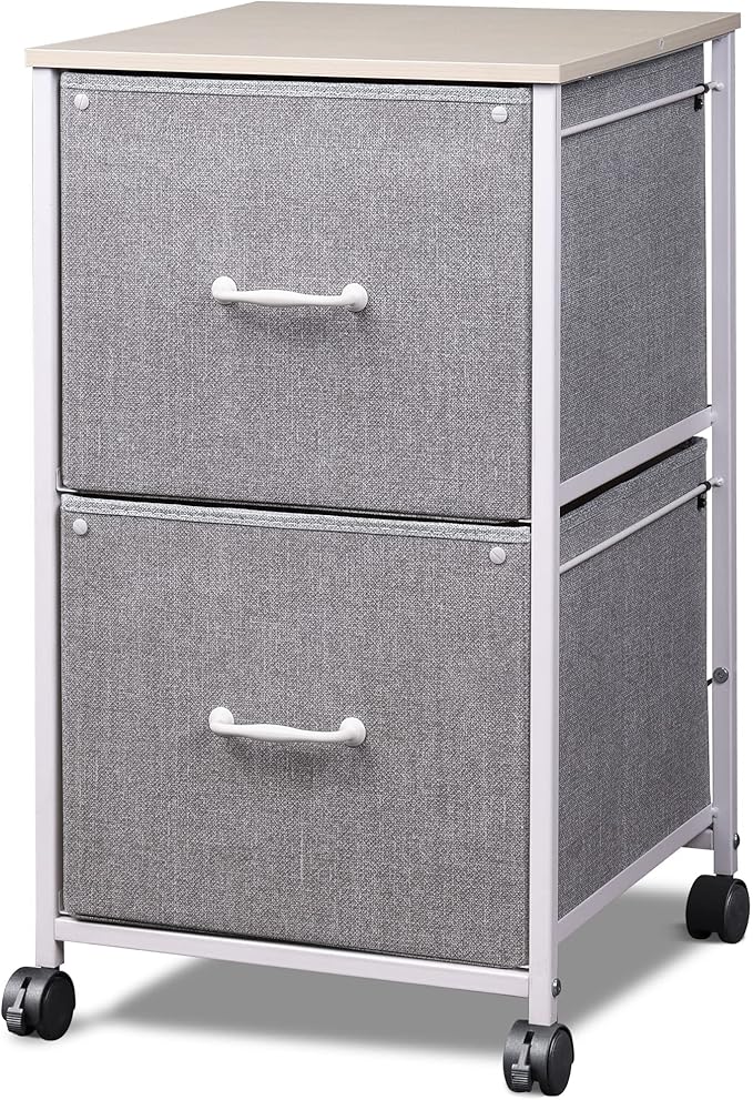 DEVAISE 2 Drawer Mobile File Cabinet, Rolling Printer Stand, Fabric Vertical Filing Cabinet fits A4 or Letter Size for Home Office, Light Grey