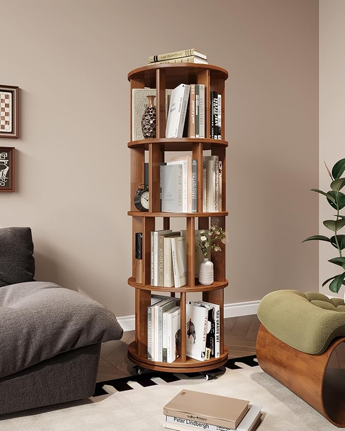 IUNVR Rotating Bookshelf, 4 Tier Solid Wood Bookshelf Tower with Lockable Wheels, 360° Spinning Revolving Bookcase for Small Spaces, Corners, Bedroom, Kids Room, Home Office, Walnut
