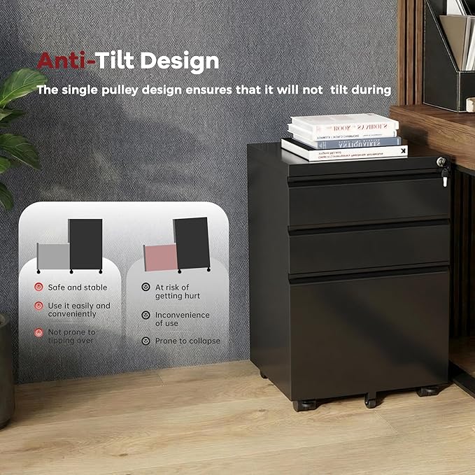 Bonusall 3 Drawer File Cabinet with Lock, Small Under Desk Filing Cabinet for Home Office, Fully Assembled Metal Rolling Storage Fits A4/Letter/Legal, Black