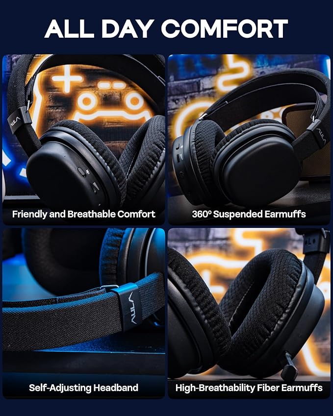 MechLands Aula G7 Wireless Gaming Headset for PS4/PS5/PC/Switch, Over-Ear Headphones with Detachable Noise Canceling Mic, RGB, Surround Sound, 60H Battery, 2.4GHz/BT/Wired (Black)