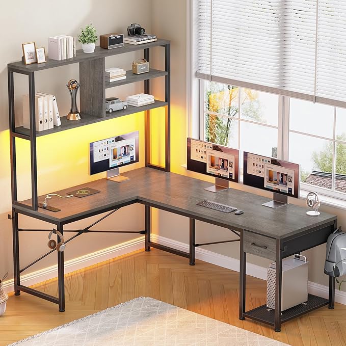 SEDETA L Shaped Gaming Desk, 51.2" Reversible Small Corner Desk with Drawer, Power Outlet & LED Lights, Computer Desk with Storage Shelves for Small Space, Grey