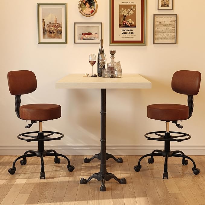 Drafting Chair with Back, Adjustable Foot Rest Rolling Stool (1,Brown)