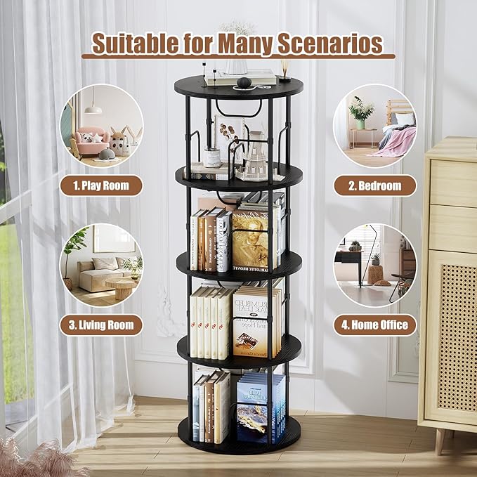 ALLSTAND Rotating Bookshelf, 4 Tier Spinning Bookshelf Tower, 360° Display Round Bookcase, Floor Standing Corner Revolving Bookshelf Organizer Storage Rack for Small Spaces, Home Study Office, Black