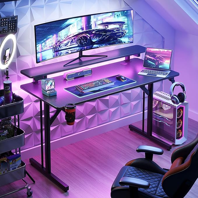 MOTPK 39 Inch Small Gaming Desk with LED Lights, Computer Desk Gaming Table with Monitor Shelf, Gamer Desk with Carbon Fiber Texture, Kids Boys Desk Gift for Men