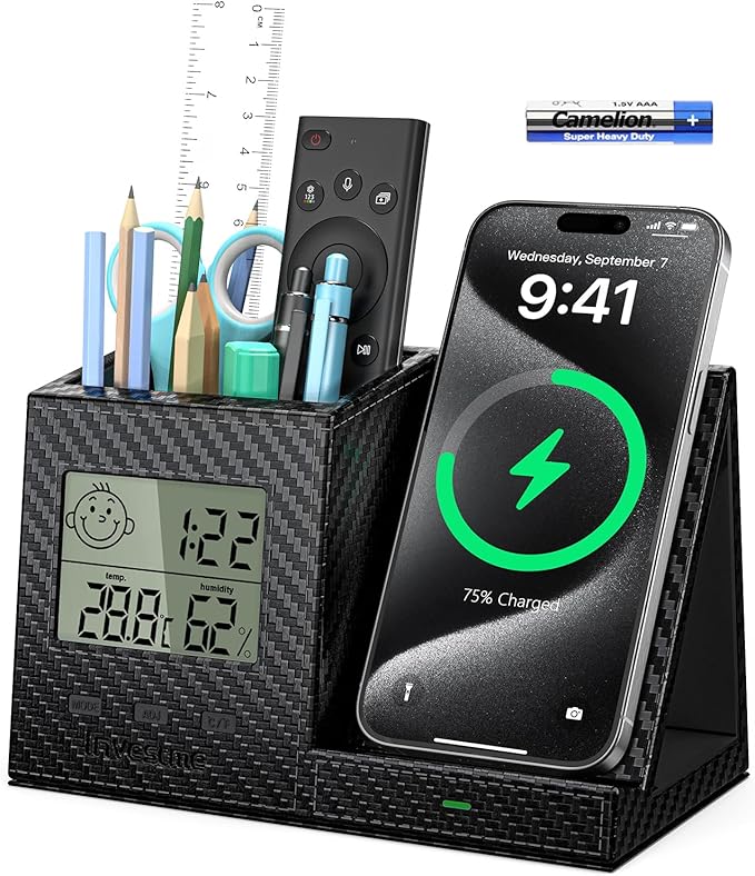 Pen Holder for Desk, Desk Organizer with Wireless Charger, Built in Digital Indoor Thermometer and Humidity Monitor, Multi-Functional Pencil Organizer for Home Office, Black Carbon Fiber