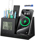 Pen Holder for Desk, Desk Organizer with Wireless Charger, Built in Digital Indoor Thermometer and Humidity Monitor, Multi-Functional Pencil Organizer for Home Office, Black Carbon Fiber