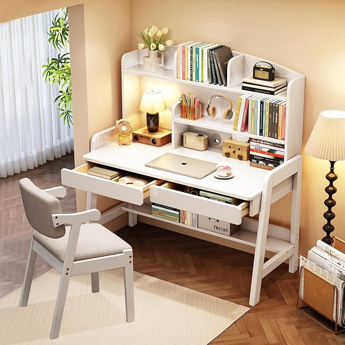 Kids Desk and Chair Set Wooden Children's Learning Table and Chair with Hutch and Two Drawers Children Study＆Writing＆Computer＆Workstation Desk for 3 and Above(White
