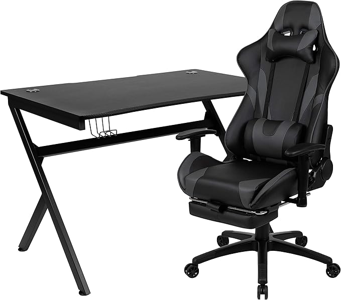 Flash Furniture Optis Black Gaming Desk and Gray Footrest Reclining Gaming Chair Set with Cup Holder, Headphone Hook & 2 Wire Management Holes