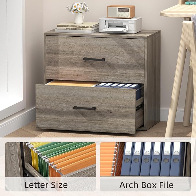 2 Drawer Wood Lateral File Cabinet, Wide Filing Cabinets for Home Office, Farmhouse File Cabinet Printer Stand for Hanging Files/Letters, Gray