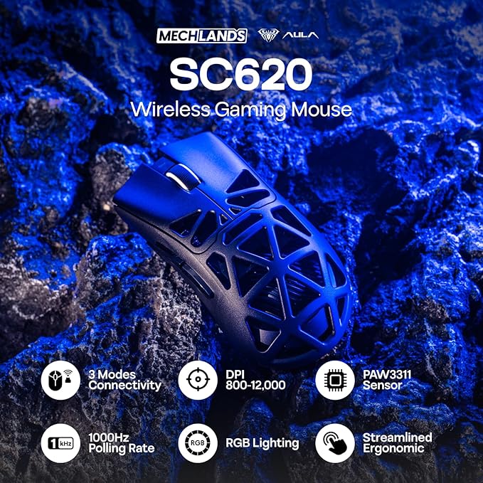 MechLands Aula SC620 Gaming Mouse, 2.4G/USB-C/BT Wireless Mouse with 400mAh Battery, Adjustable 12,000 DPI & 1000 Polling Rate, PAW3311 Sensor, RGB Lighting, Programmable Buttons, for Win/Mac (Black)