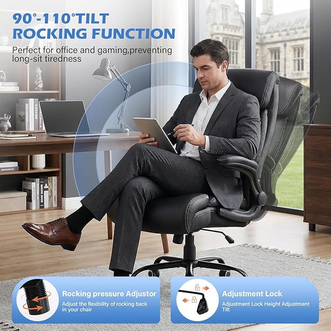 500LBS Big and Tall Office Chair,Comfy Heavy Duty Executive Chair with Adjustable Lumbar Support for Back Pain,High Back Desk Chair with Extra Wide Seat for Home Office