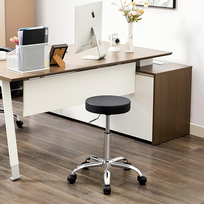 FIRAVOE Rolling Office Stools, Adjustable Drafting Stool on Wheels 19.5"-26.6", Black Ergonomic Office Chair (Black)