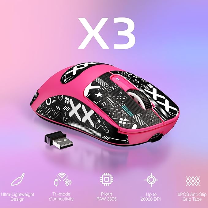 ATTACK SHARK X3 Lightweight Wireless Gaming Mouse with Tri-Mode 2.4G/USB-C Wired/Bluetooth,Up to 26K DPI,PAW3395 Optical Sensor,Kailh GM8.0 Switch,5 programmable Buttons for PC/Mac(Berry Red+Stickers)