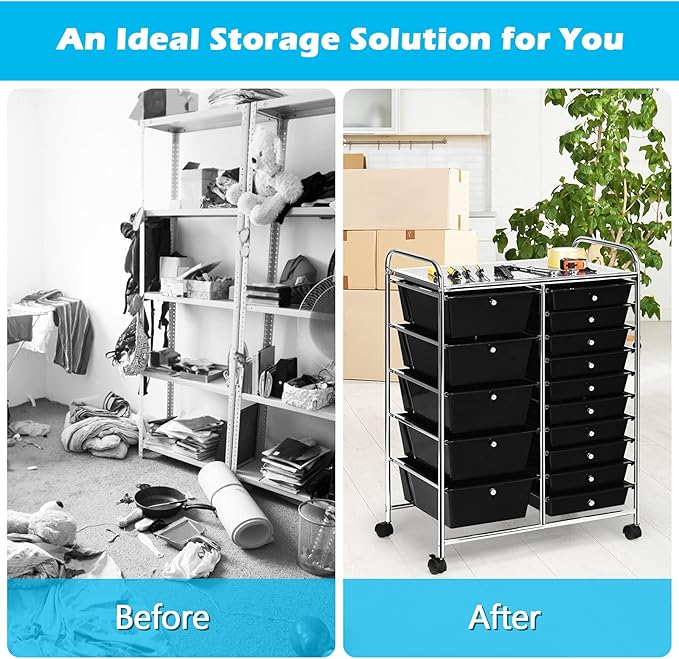 Moccha 15-Drawer Rolling Storage Cart - Under Desk Storage Drawers with wheels for Craft Art Supply Paper Salon, Scrapbook Paper Tools, Mobile Utility Cart for Classroom (15 Drawers, Black)