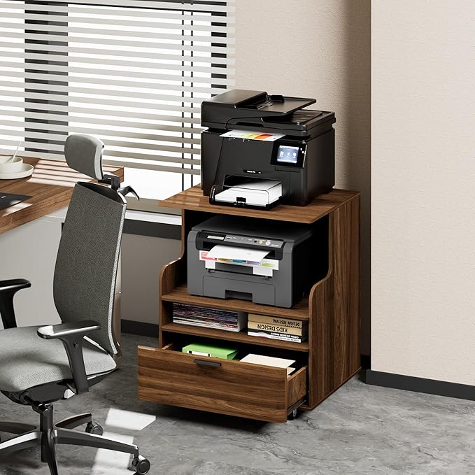Rolling Printer Stand with Drawer and 3-Tier Storage Shelves, Mobile Wood 3D Printer Cart Under Desk with Wheels, for Home Office Small Spaces Organization, Walnut