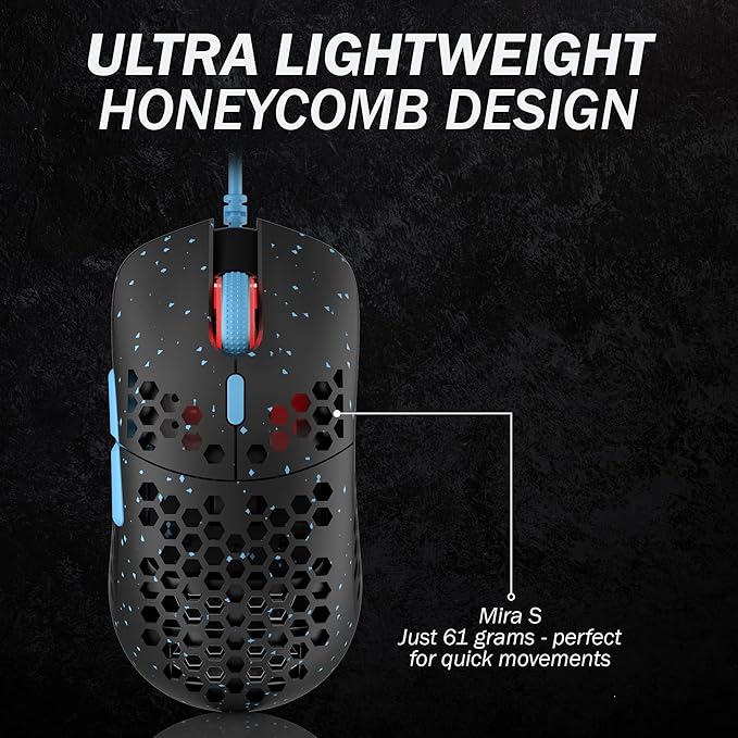 HK GAMING Mira S Ultra Lightweight Honeycomb Shell Wired RGB Gaming Mouse - Up to 12 000 cpi | 6 Buttons - 61g Only (Mira-S, Blue Phantom)