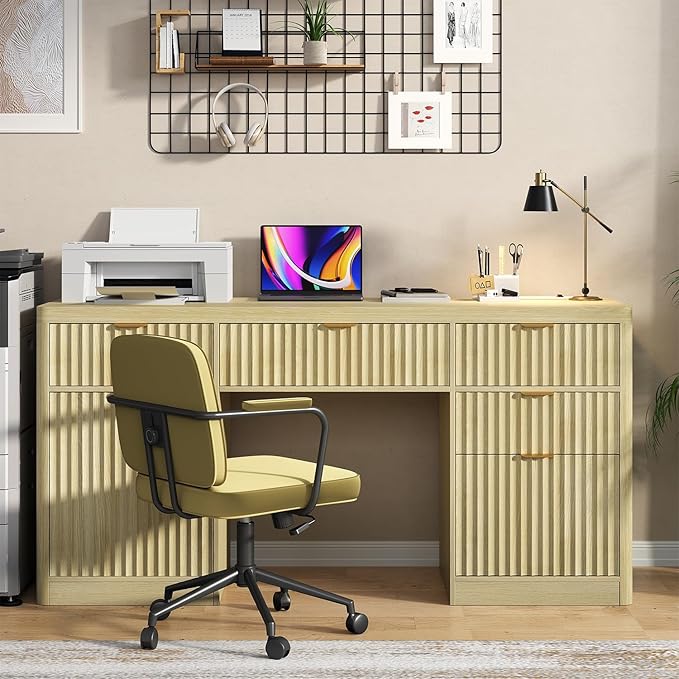 knoworld 58" Fluted Executive Desk with Storage & Charging Station Wood Modern Home Office 4 Drawers 1 File Cabinet Storage Computer Writing for Work Living Room Bedroom, Natural