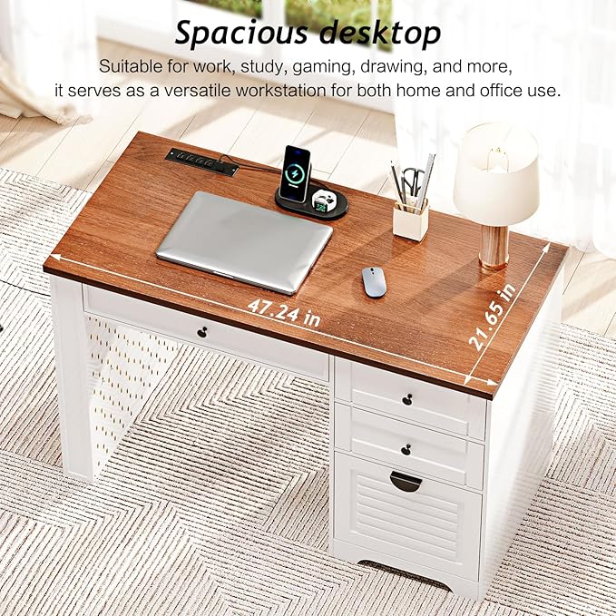 Ieejdn 47" Home Office Desks, Executive Desk, Farmhouse Computer Desk with Drawers and Charging Station, File Drawer, Storage Cabinet, Rustic Computer Writing Desk,Antique White