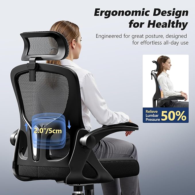 Ergonomic Office Chair, High Back Desk Chair with Flip-up Arms, 300 LBS Mesh Computer Chair with Adjustable Headrest & Lumbar Support, Comfy Gaming Chair for Adults, Home Office Desk Chairs (Black)