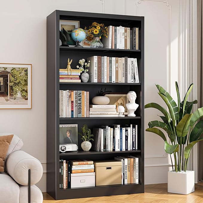Metal Bookcase and Bookshelf, 66 in Tall Black Bookshelf with 4 Adjustable Storage Shelves, Large Deep Bookcase for Home, Library, Office, Bedroom, School
