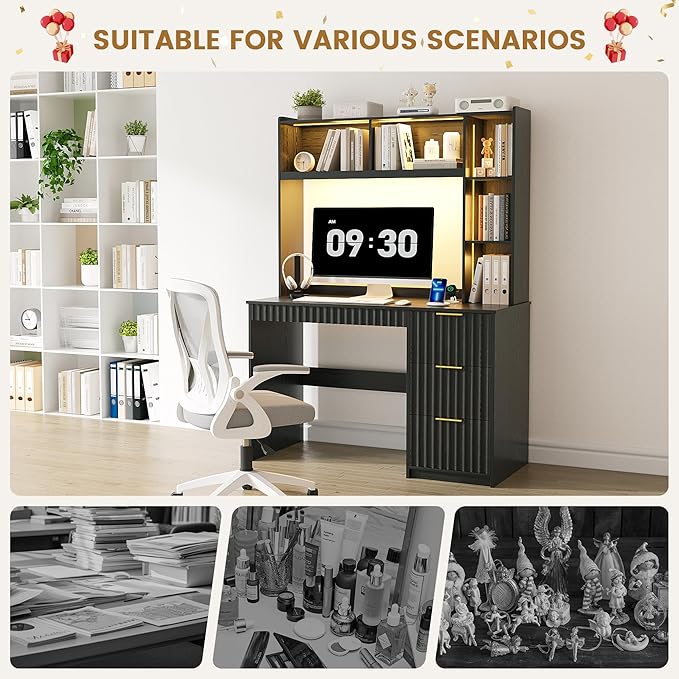 Lvifur Home Office Desk - with Hutch & Storage Cabinet,LED Study Desk with Outlet and 3 Color LED and Card-Based Lock,Writing Desk Computer Desks for Studyroom,Ideal for Office Set,Black