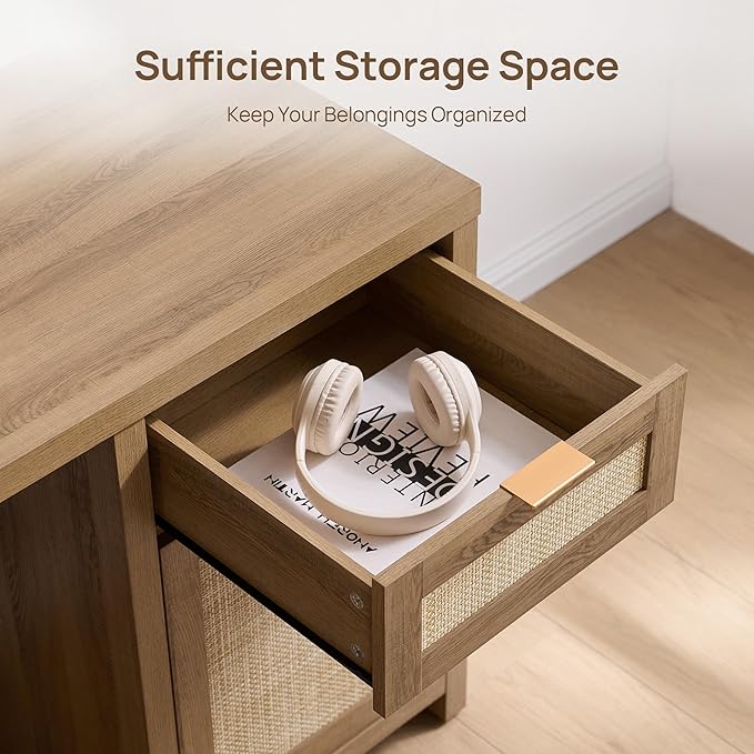 SICOTAS Rattan Executive Desk with Storage, 59" Boho Home Office Desk with Cabinets and Drawers, Large Computer Table Vanity Desk for Office, Study, Living Room, Oak