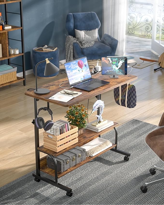 Armocity Rolling Standing Desk with Power Outlets, 32" Manual Height Adjustable Mobile Computer Desk with Wheels, Small Portable Sit Stand Laptop Couch Table for Bed & Sofa Home Office, Rustic Brown