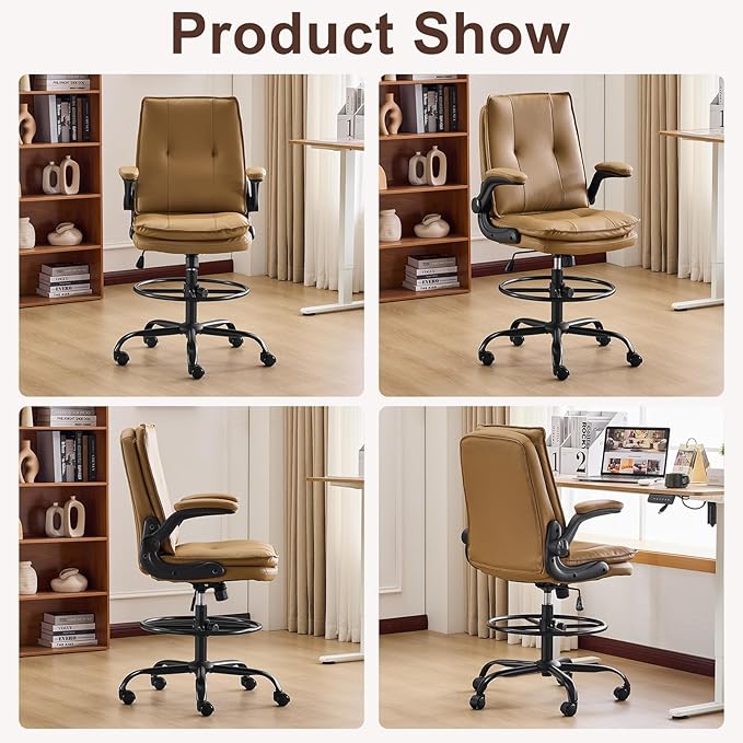 Karl home Drafting Chair Height Adjustable for Standing Desk, PU Upholstered Tall Office Swivel Desk Chair with Flip-Up Armrests, Ergonomic Lumbar Support, Adjustable Foot Ring, Khaki