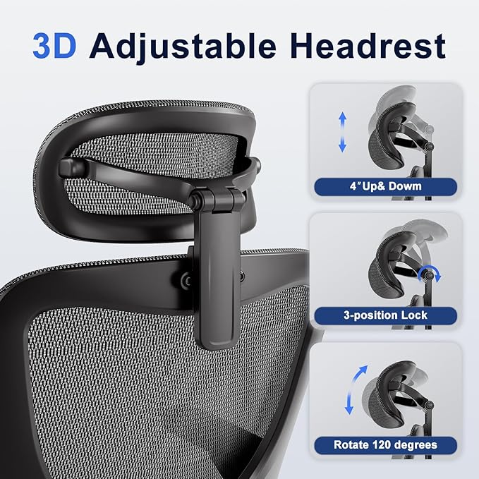marrap Ergonomic Office Chair, Mesh Seat Cushion with 3D Armrests and 3D Headrest, Adjustable Lumbar Support with 90-120° Rocking Function, Black