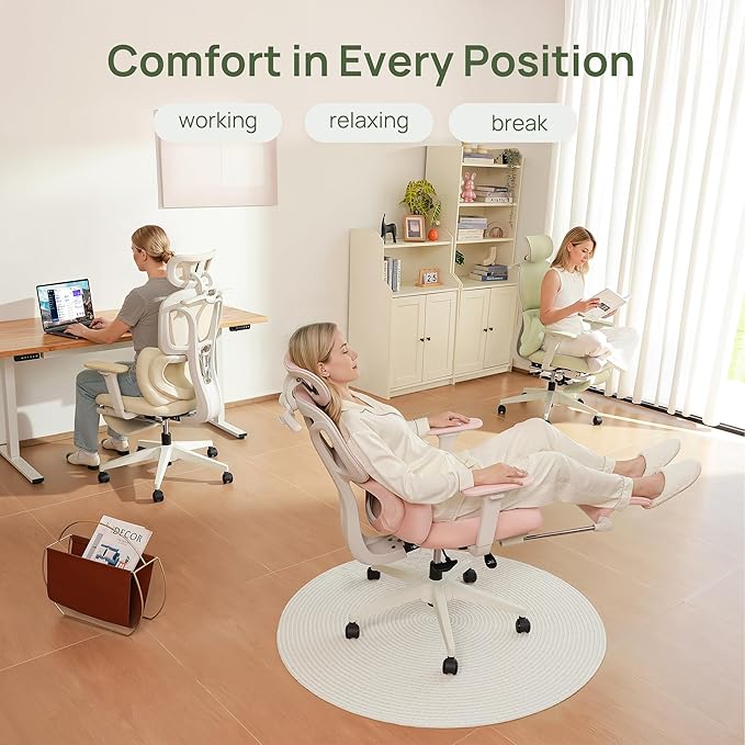 CabLady S1 Petite Ergonomic Home Desk Chair with Footrest and Headrest, High Back Fixed Lumbar Support with Detachable Pillow, Reclining Cute Office Chair for Women & Girls, 300 LBS Capacity