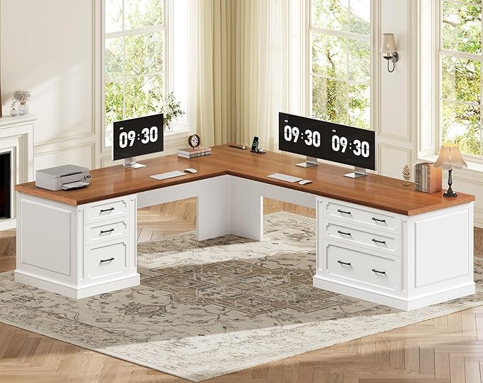 SEDETA Farmhouse 78.7" Executive L Shaped Desk with 6 Drawers, Home Office Desk with Power Outlet, File Cabinet Storage, Wood Corner Computer Desk for Work and Study, White